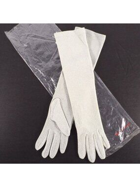Vintage Womens Opera Gloves Size M Metalic Silver NOS 15 Inch Long Hello 80s